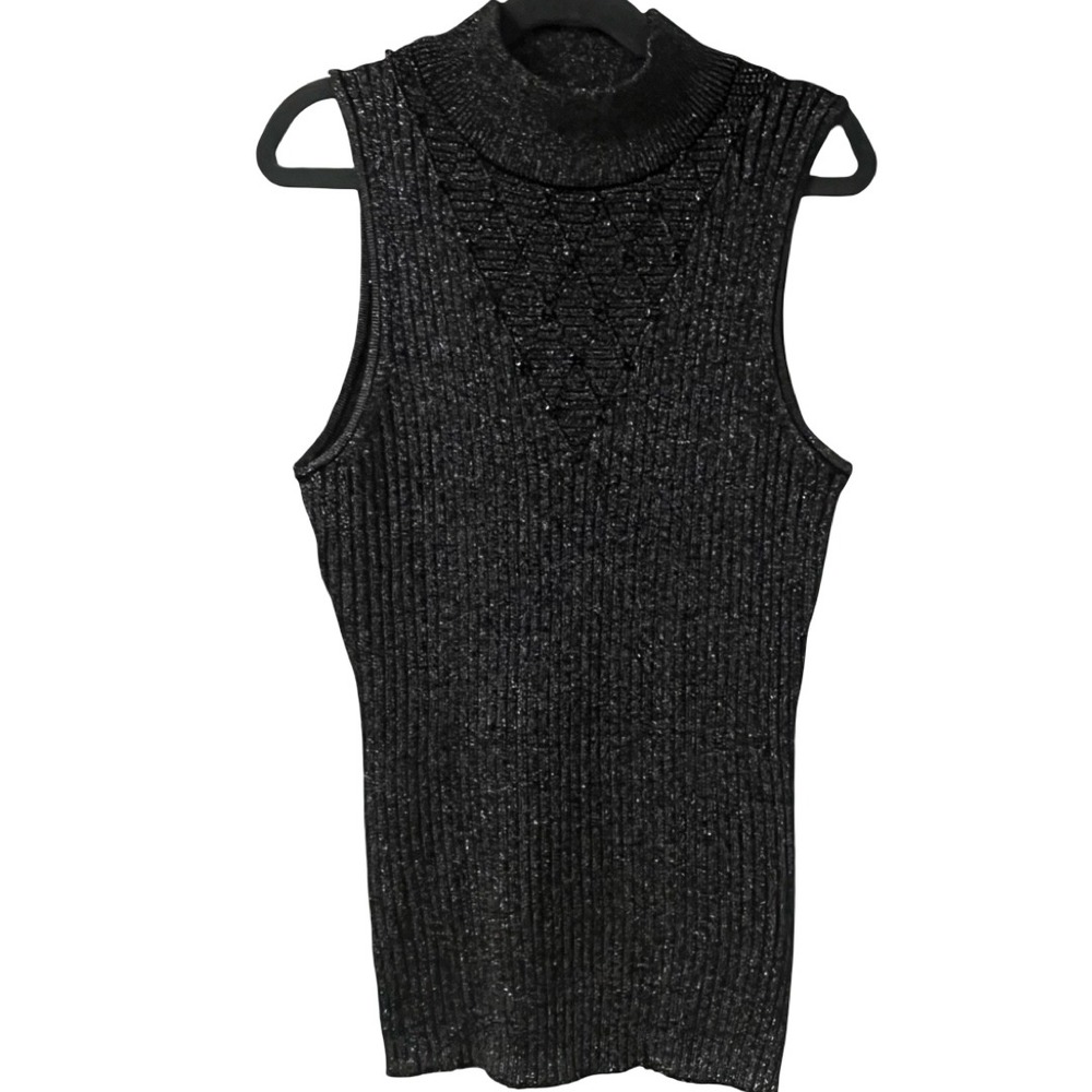 Carmen Marc Valvo Sleeveless Mock‎ Neck Ribbed Knit Top Black Gray Metallic S/P